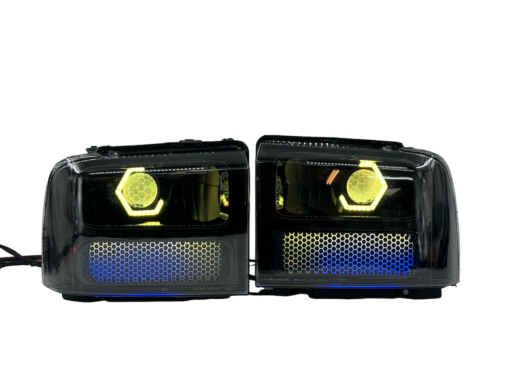 05-07 Ford Superduty RGBW Chasing Led Halo Gill Lights Retrofit Black Biled Projector Headlights